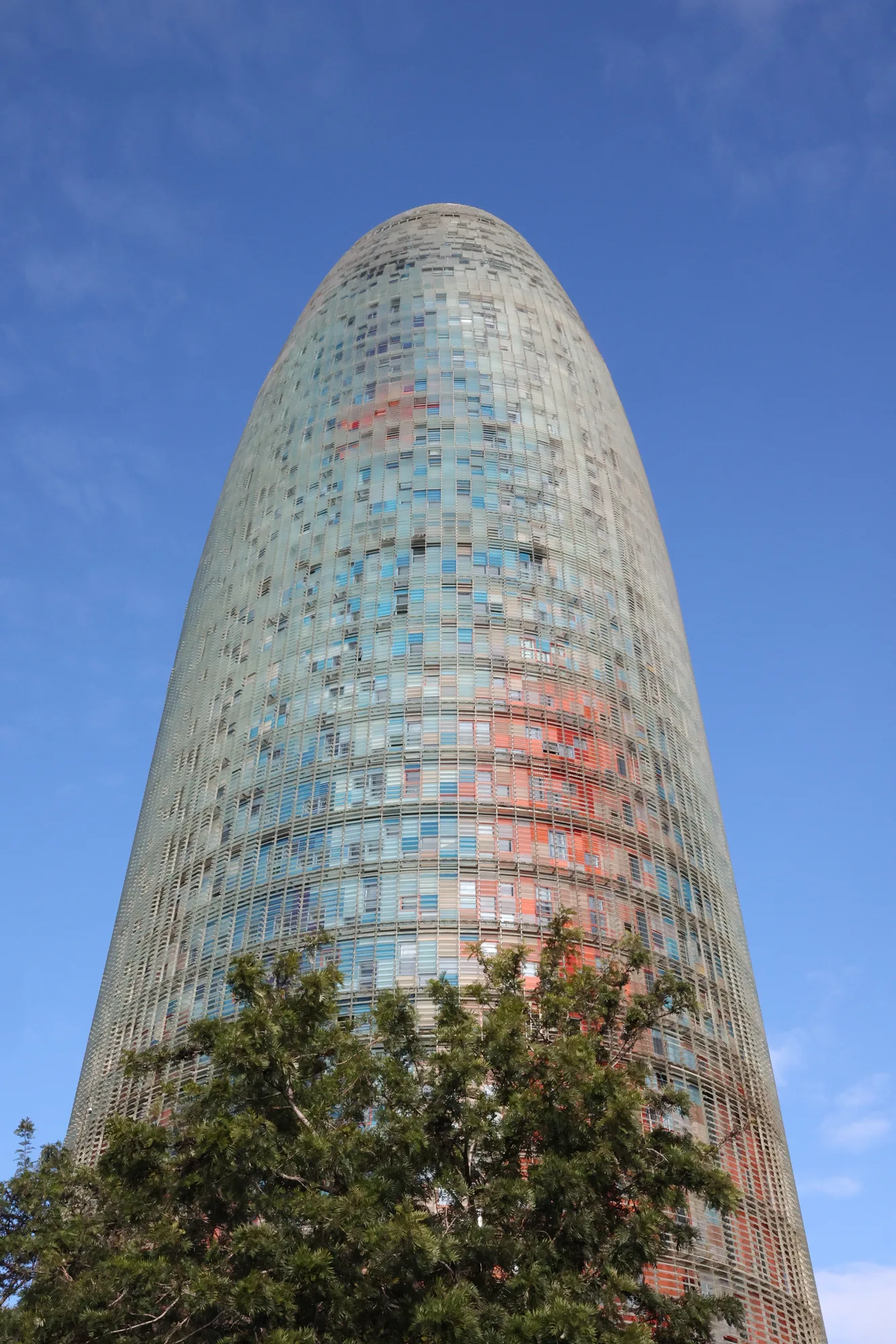 La Torre Glòries se détache au-dessus des arbres.