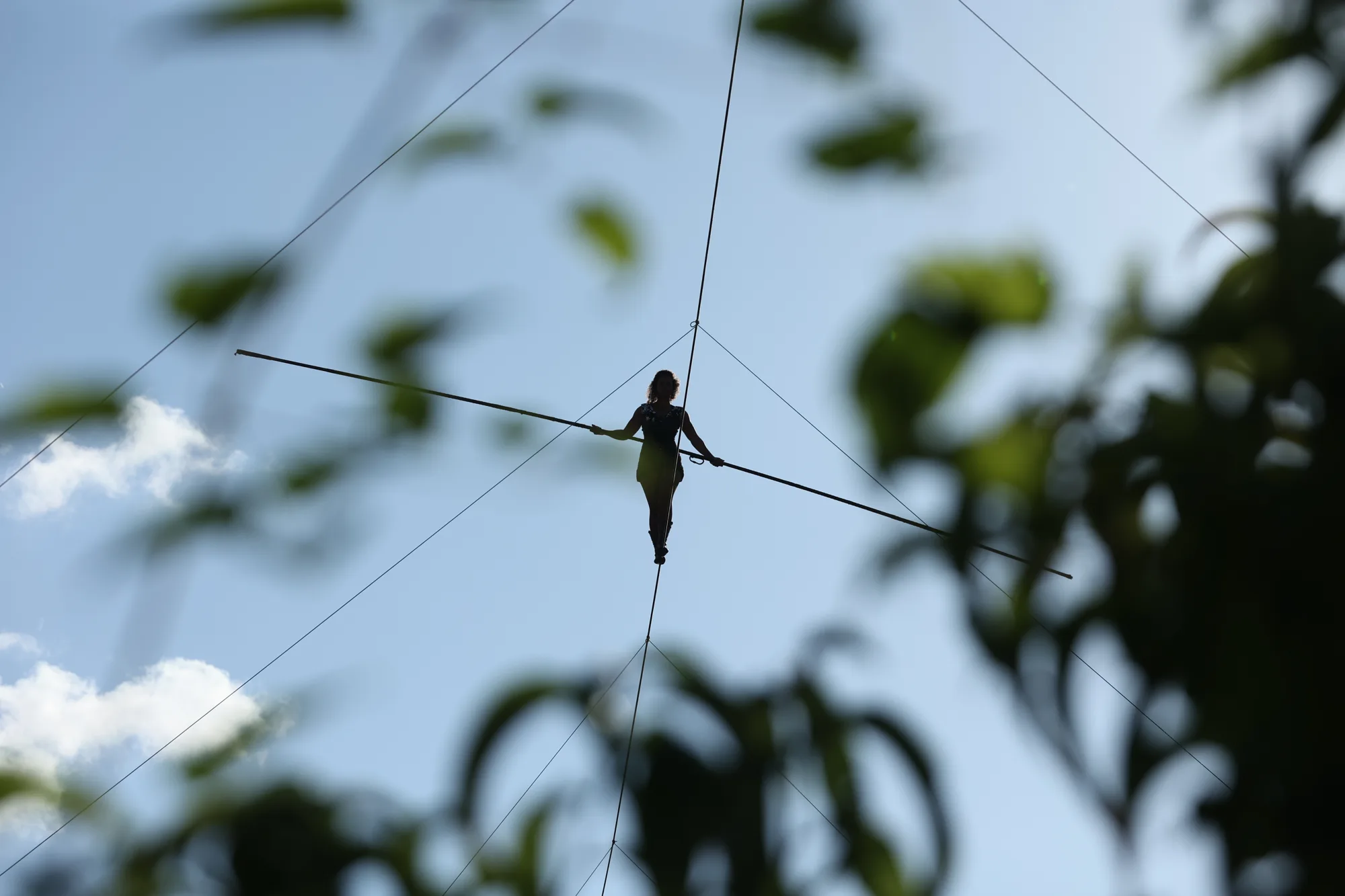 La silhouette de la funambule apparaît entre les feuillages.